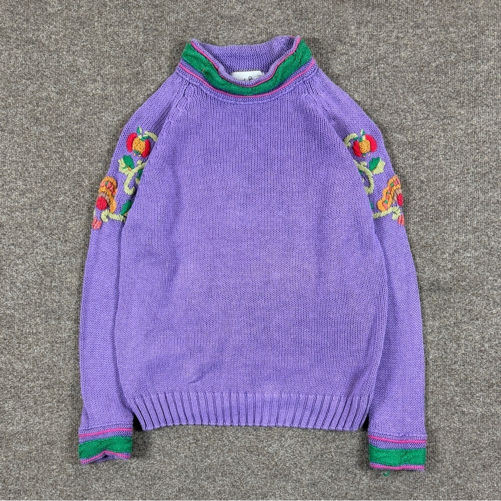 Vintage 90s Purple Embroidered Turtleneck Sweater Women S Whimsical Teacher Core